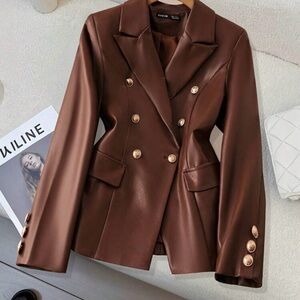 Brown Double-Breasted Pleather Women's Blazer